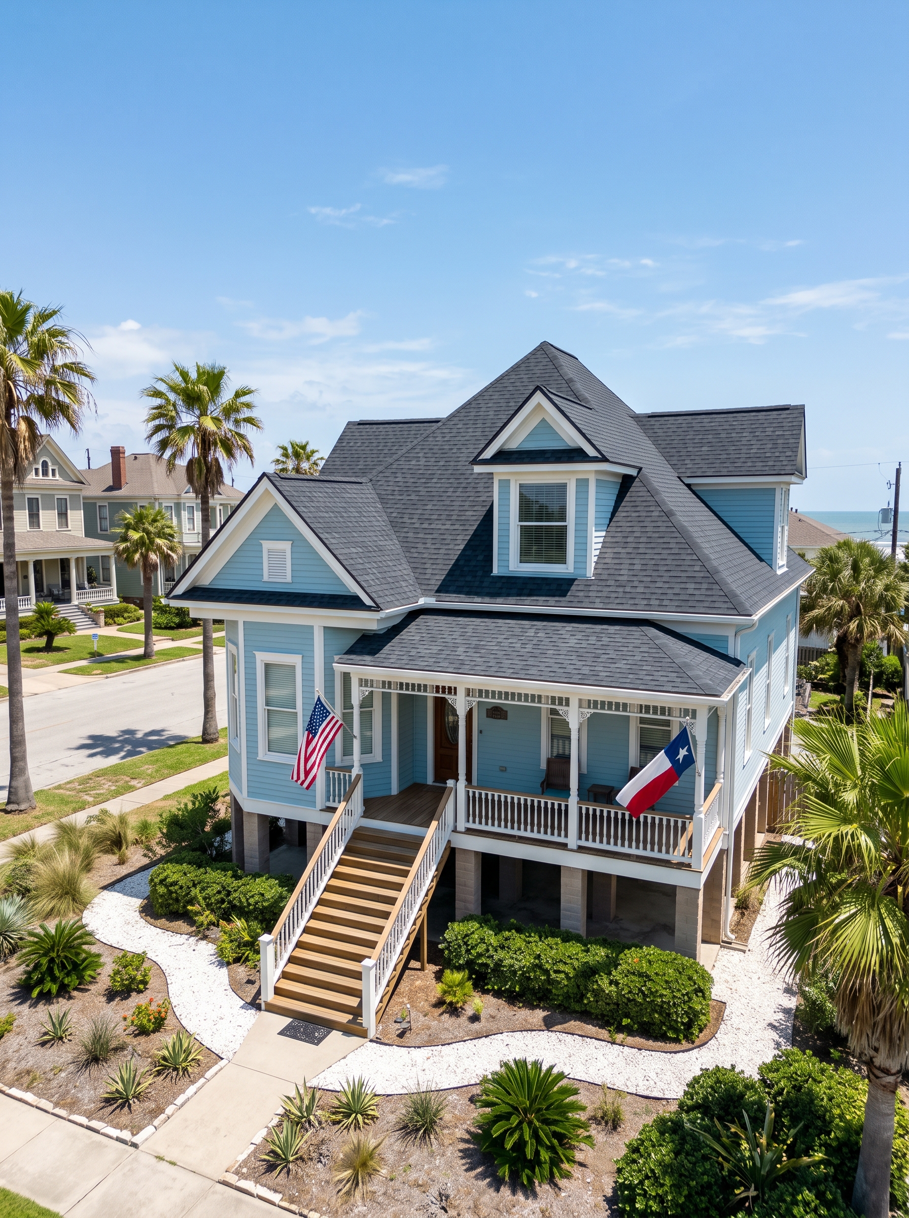Drone roof inspection on a Galveston coastal property
